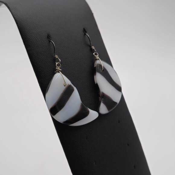 Sterling Silver Zebra Glass Rustic Handmade Earrings B448 - Picture 2 of 5